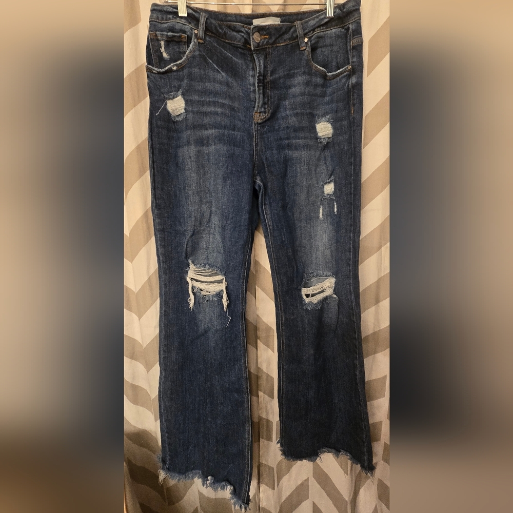 Stylish Distressed Flare Jeans in Deep Blue